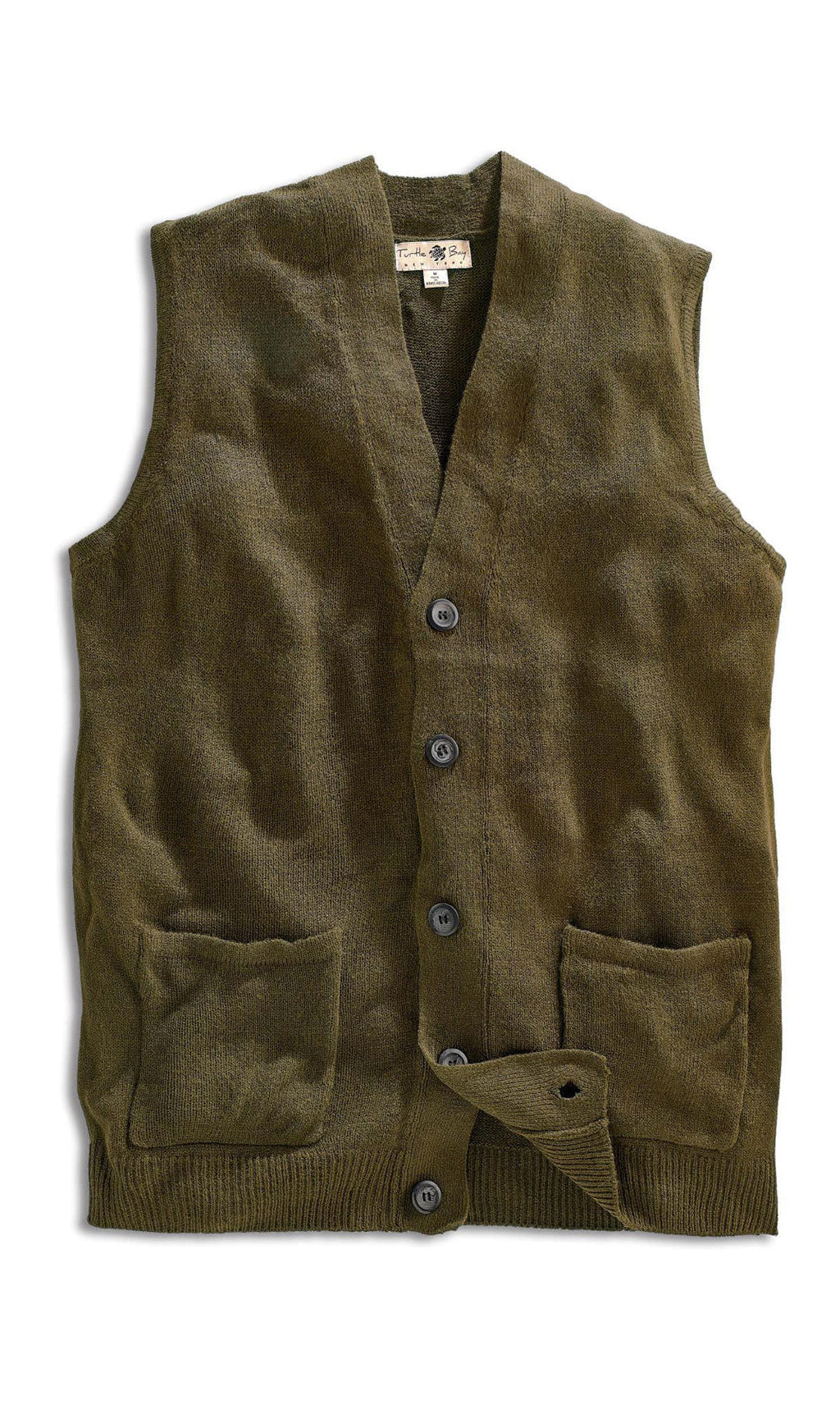 Men's cashmere-like button-front sweater vest with chest pockets, olive green flat lay