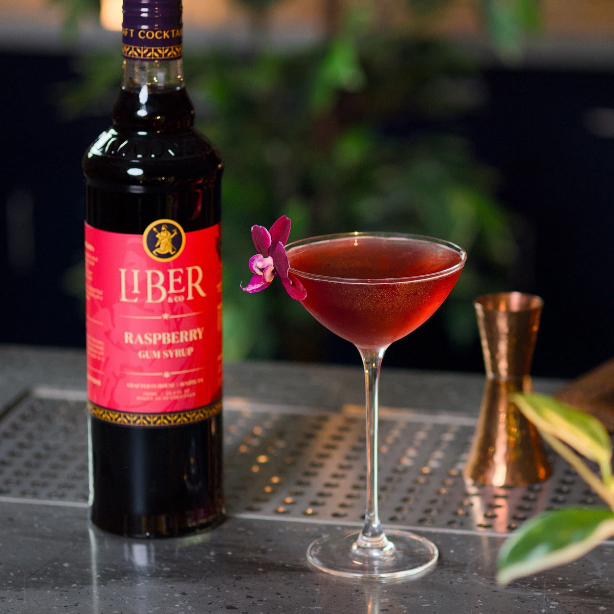 Liber Raspberry gum syrup bottle with a red cocktail and pink garnish