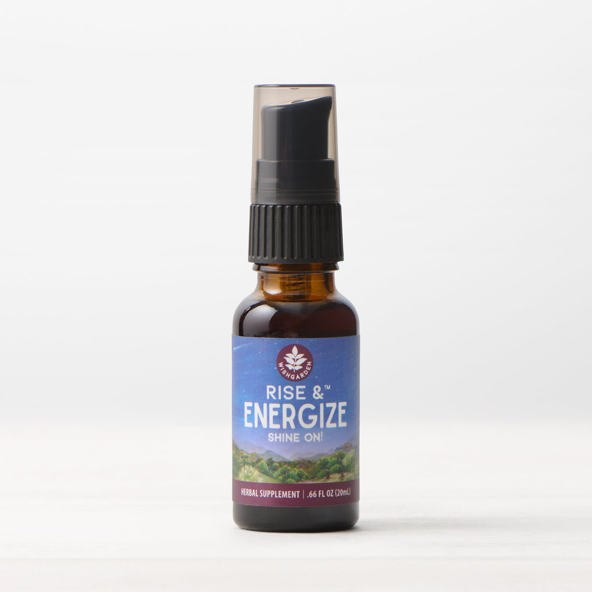 Rise & Energize shine one herbal spray bottle with amber glass and black pump