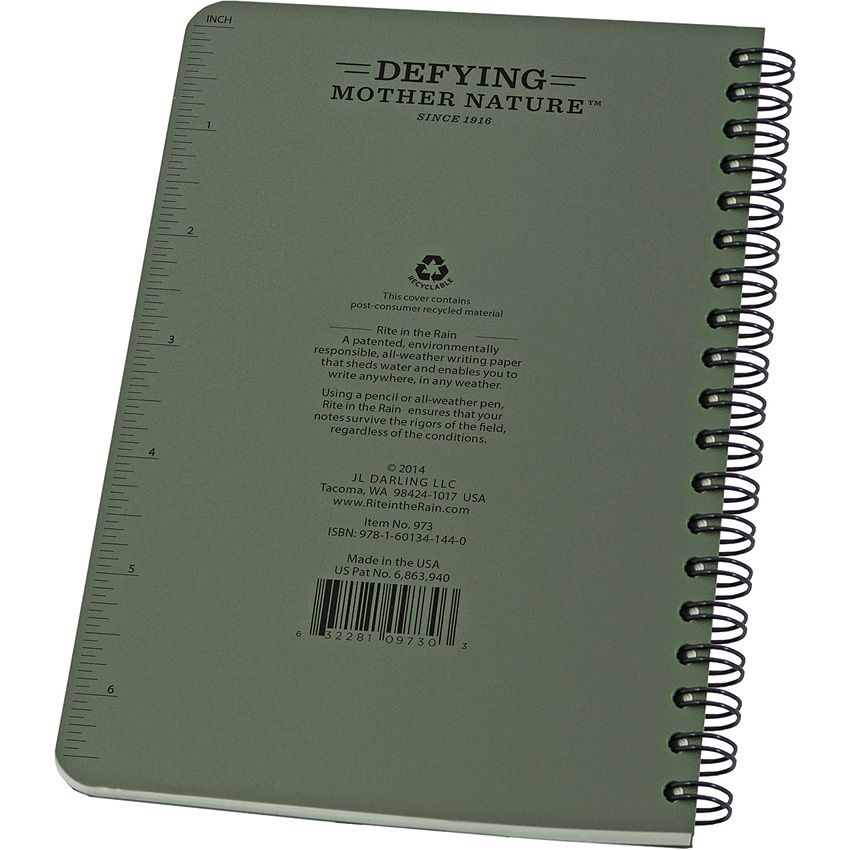 Rite In The Rain waterproof notebook, green back cover with inches ruler and barcode