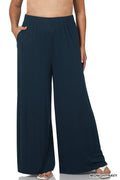 Midnight navy wide-leg pants with elastic waistband