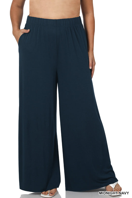Midnight navy wide-leg pants with elastic waistband