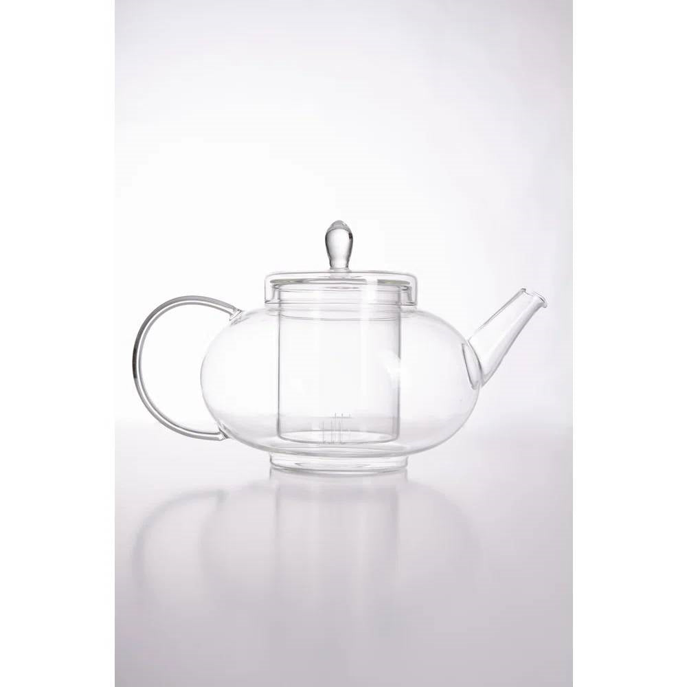 Borosilicate glass teapot with removable infuser, clear lid, handle, spout; empty clear chamber