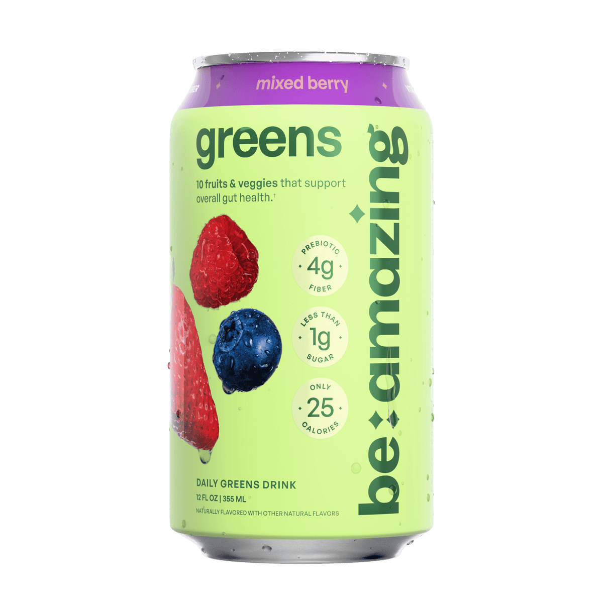 Greens drink can, mixed berry flavor with purple top and berry fruit graphics