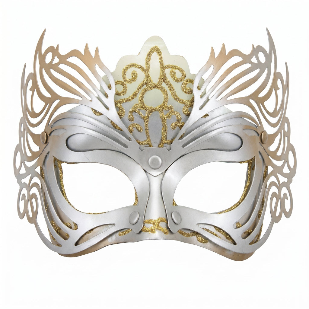 Ornate gold and silver masquerade mask with filigree cutouts for eyes and nose
