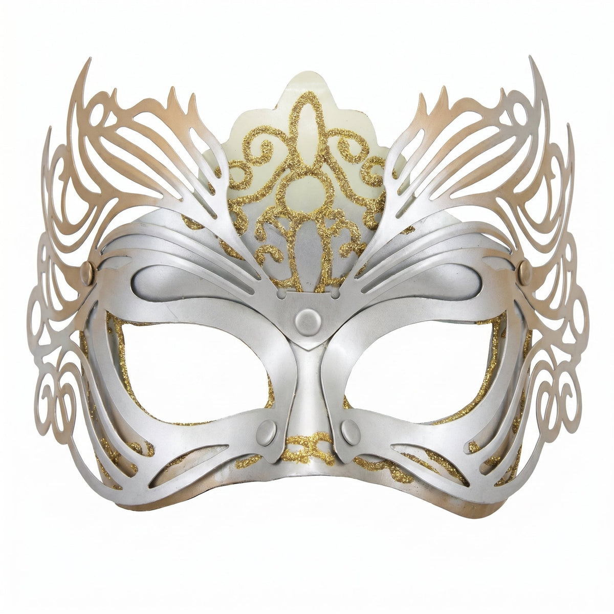 Ornate gold and silver masquerade mask with filigree cutouts for eyes and nose