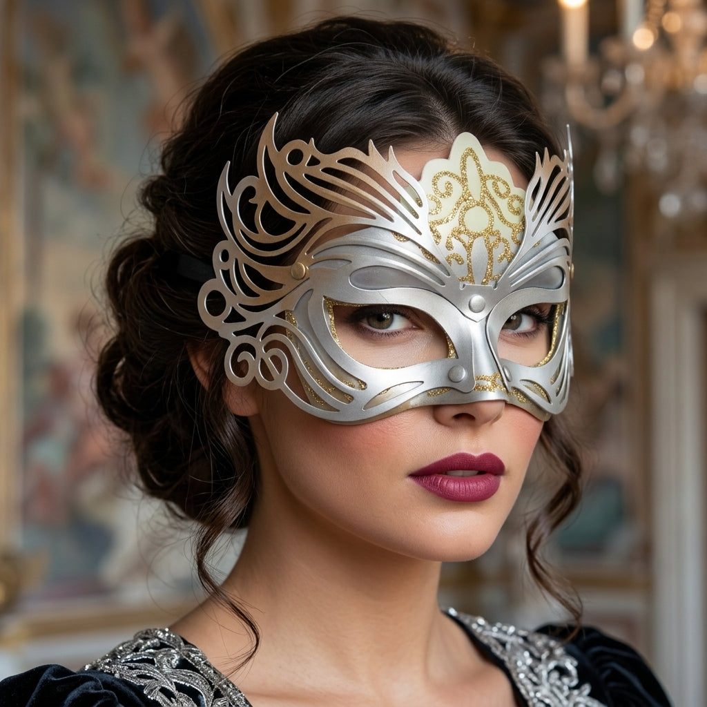 Gold and silver masquerade mask worn by model, ornate filigree over the eyes