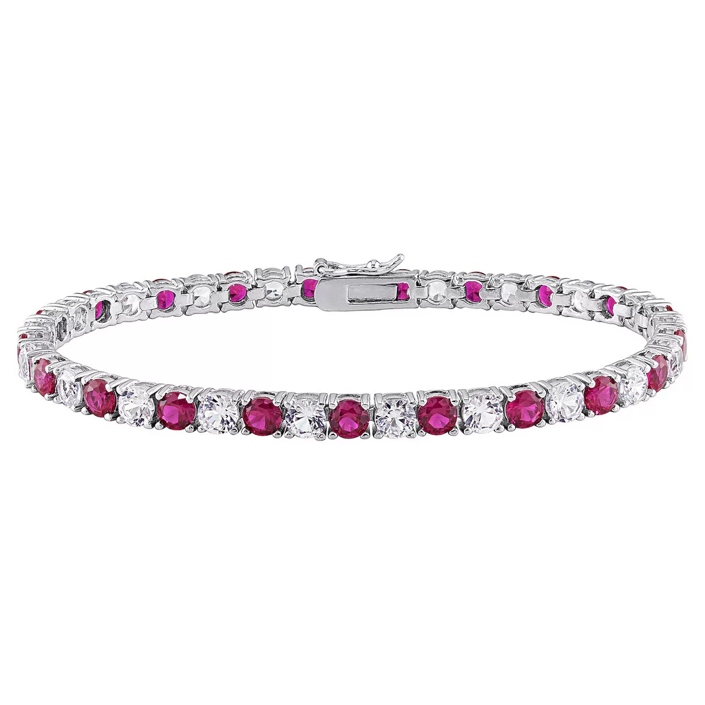 Tennis bracelet with round pink and clear stones in silver-tone prong settings
