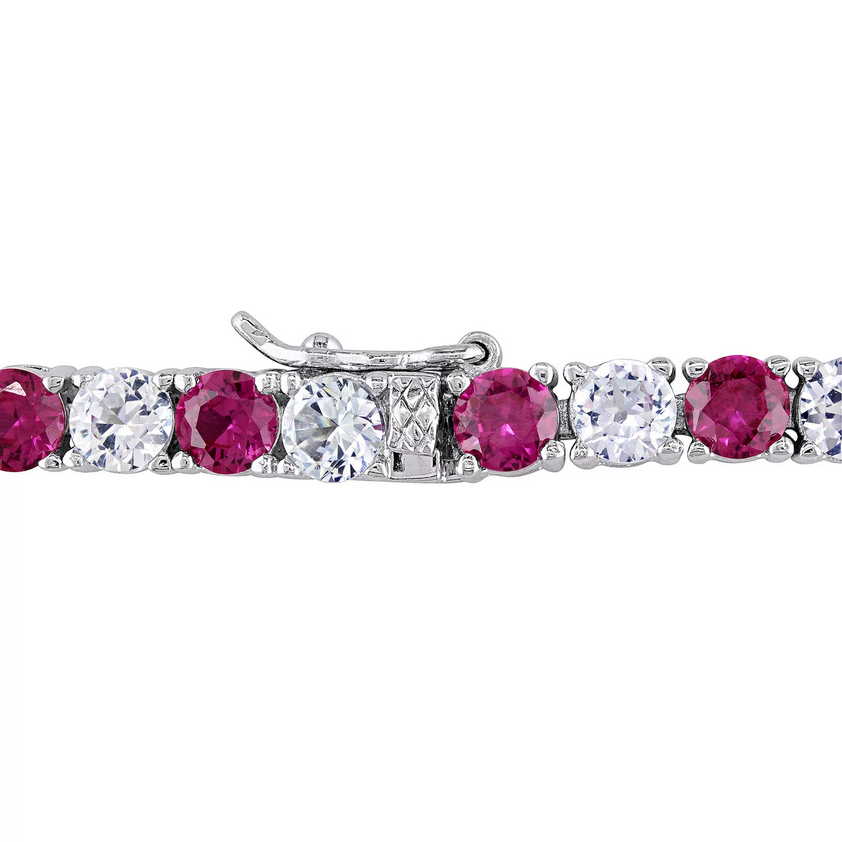 Tennis bracelet clasp with alternating pink and clear round stones