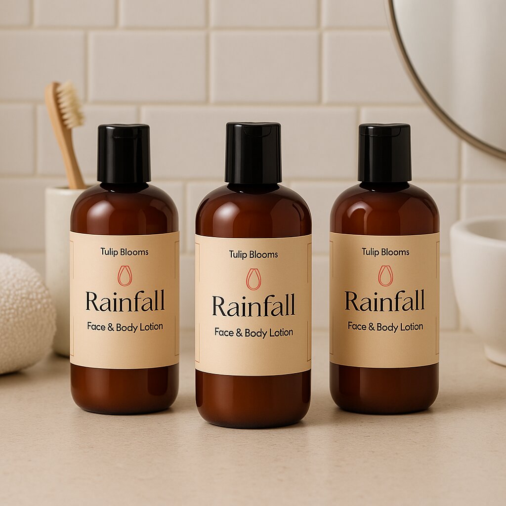 Rainfall face and body lotion bottles, black pump caps, Tulip Blooms