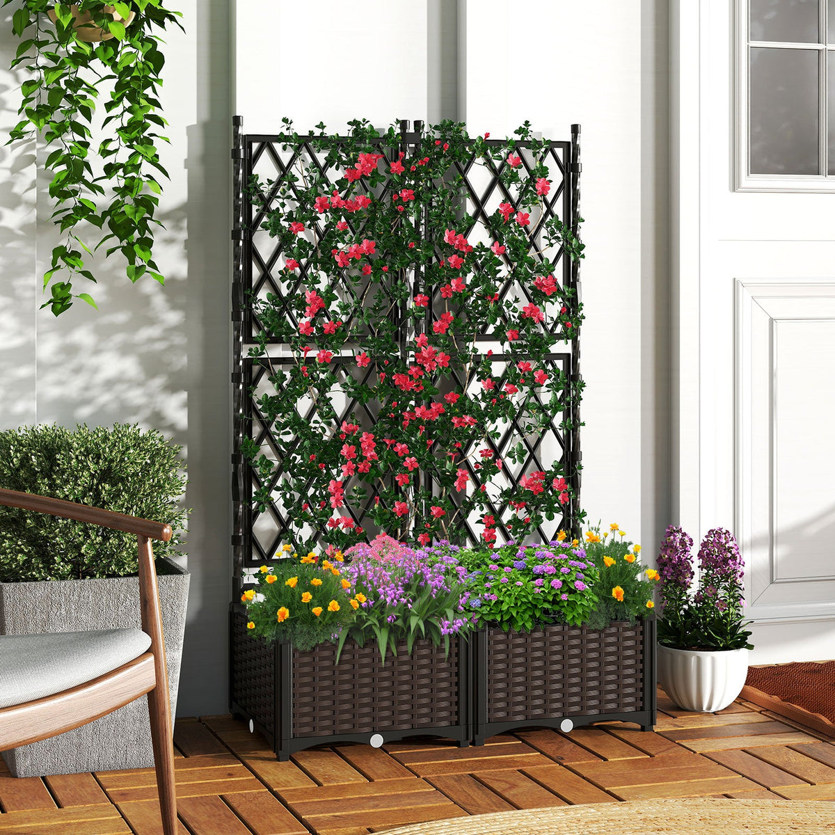 Black raised planter box with diamond lattice trellis and colorful flowers
