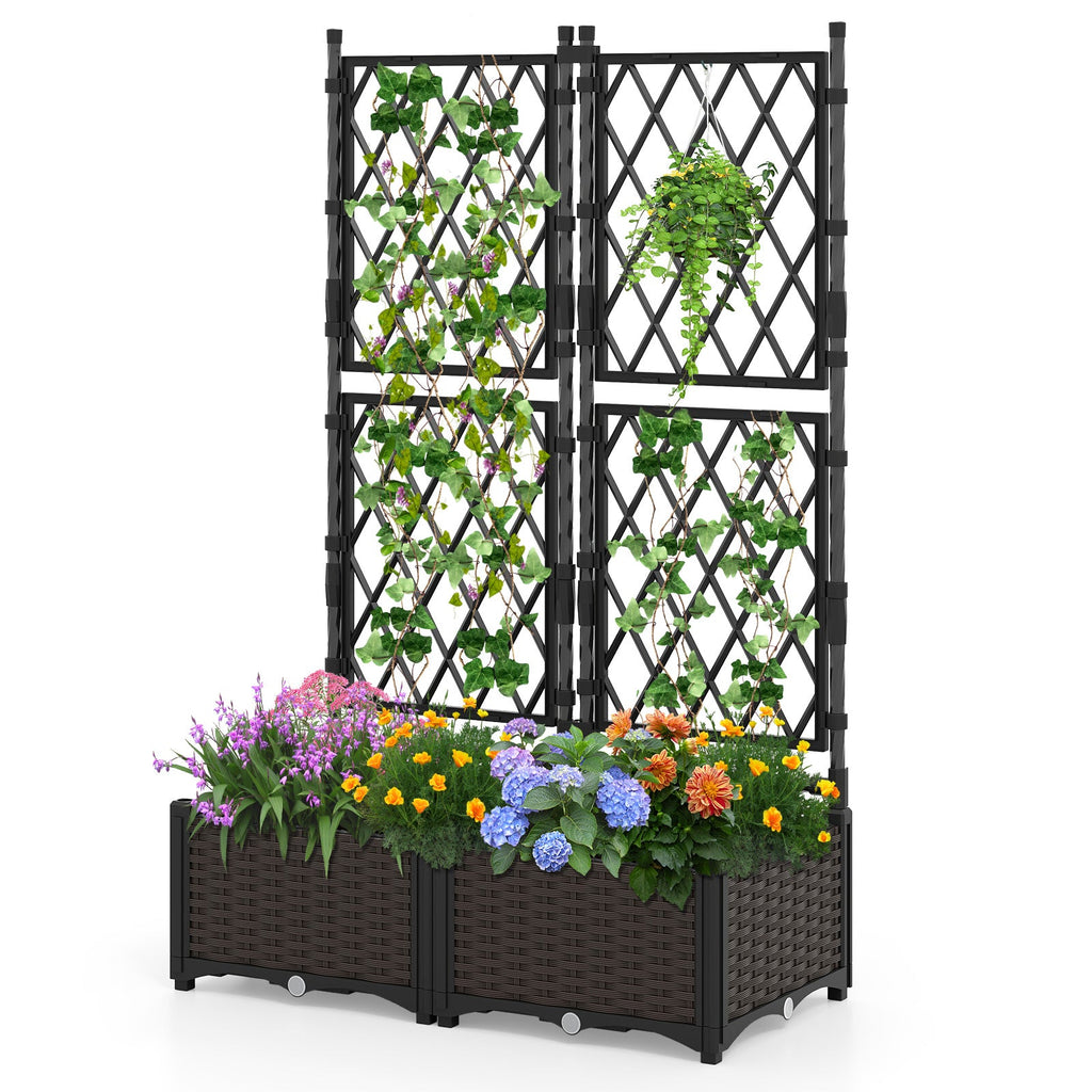 Black raised planter with diamond trellis, green plants, and colorful blossoms