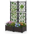 Black raised planter with diamond trellis, green plants, and colorful blossoms