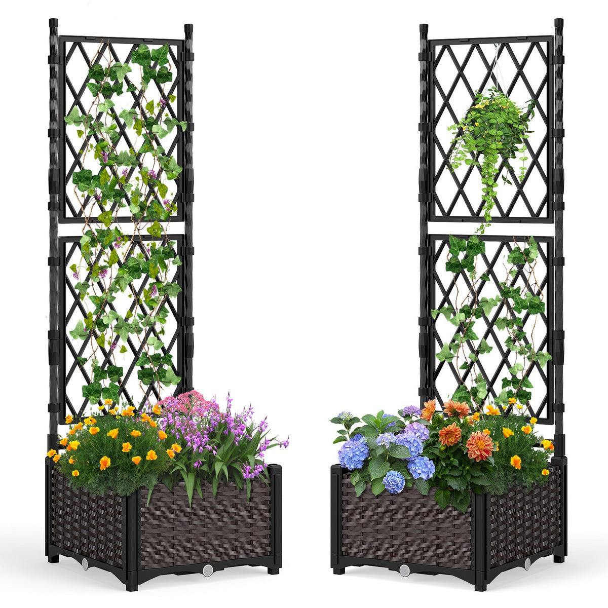 Two black raised planter boxes with diamond trellis panels and flowering plants