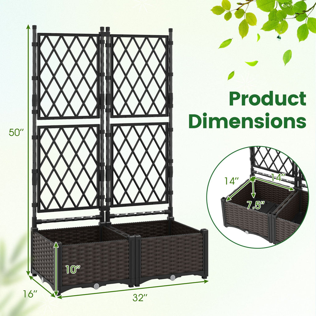 Black raised planter box with diamond lattice trellis and size measurement arrows
