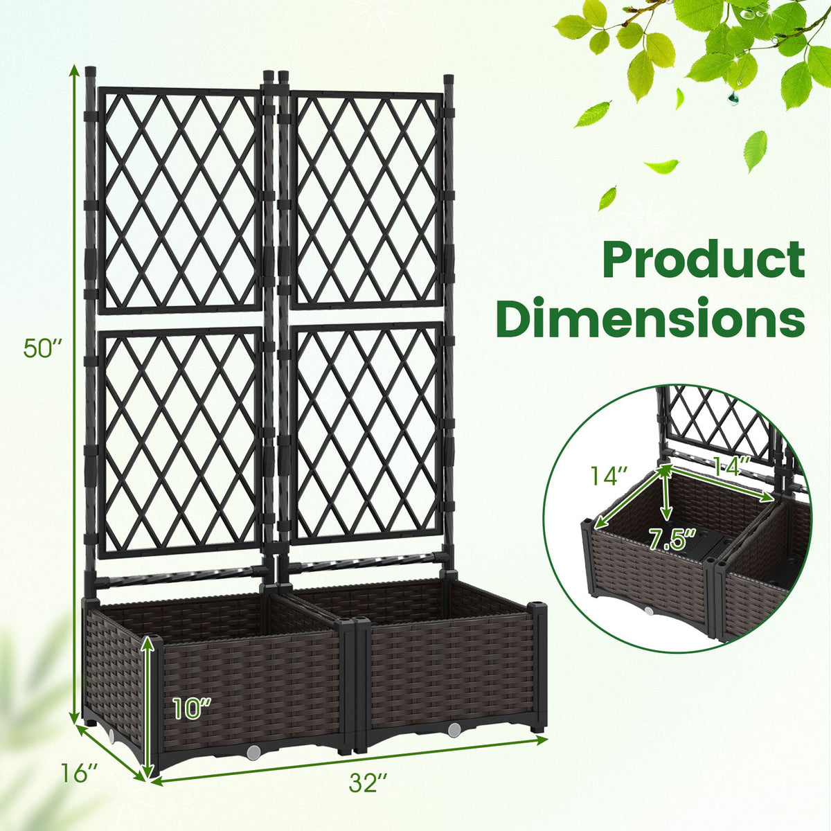 Black raised planter box with diamond lattice trellis and size measurement arrows