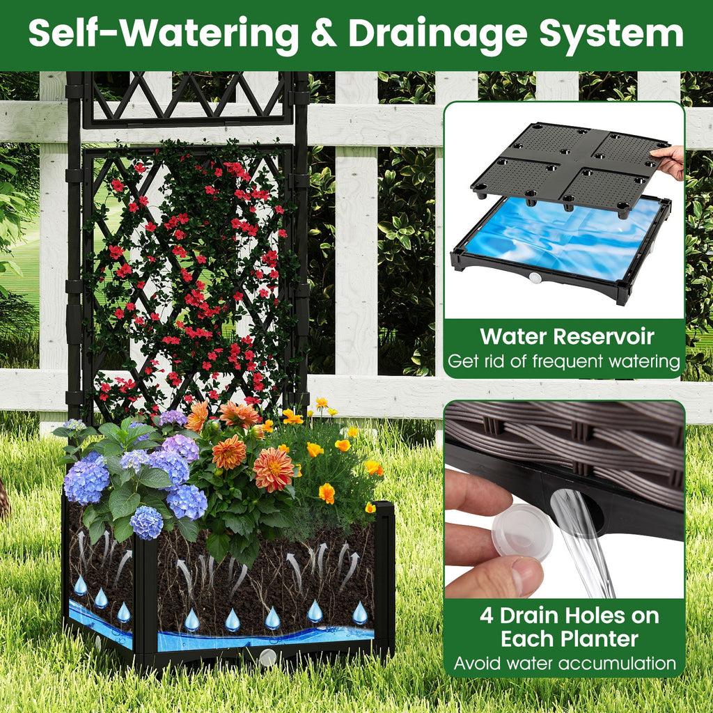 Black self-watering planter box with water reservoir top and drain hole cutouts