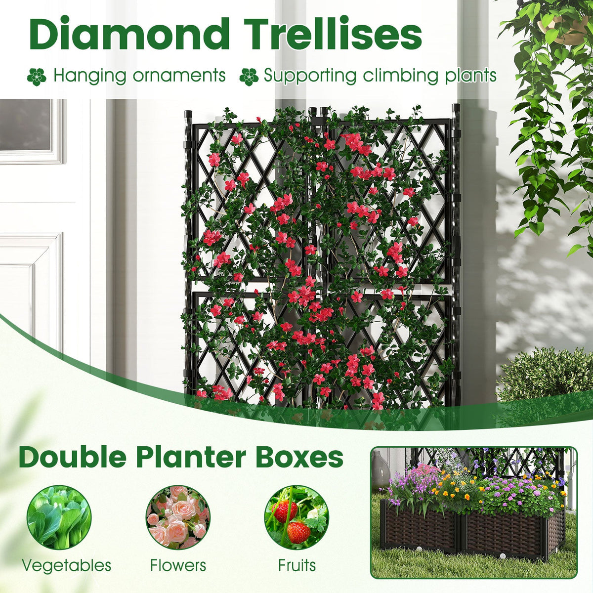 Black double raised planter set with diamond trellises and blooming flowers