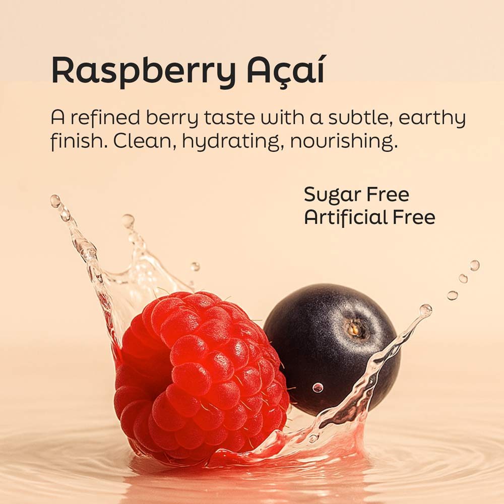 Raspberry acai flavor illustration with raspberry, acai berry, and water splash