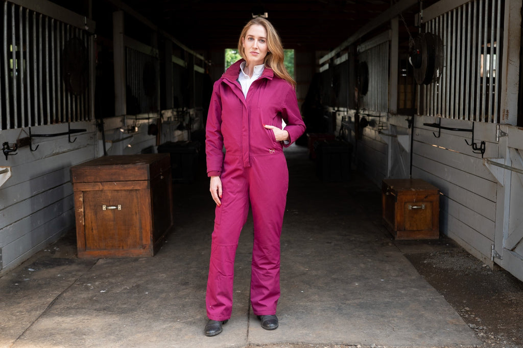 Raspberry insulated hooded jumpsuit with full-length front zipper and long sleeves