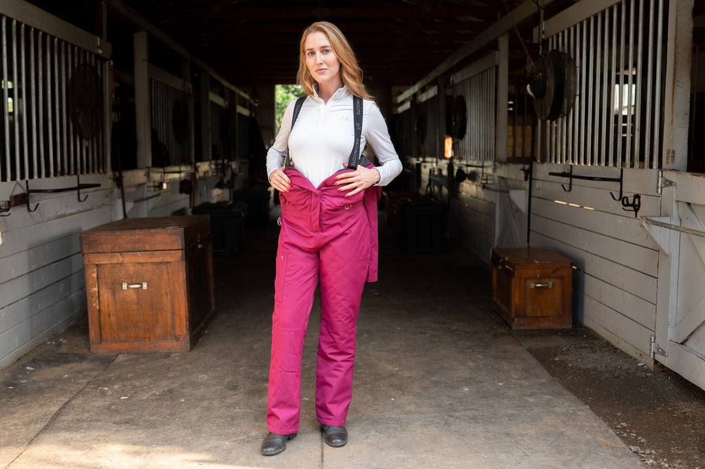 Raspberry insulated hooded jumpsuit with front zipper and long straight legs