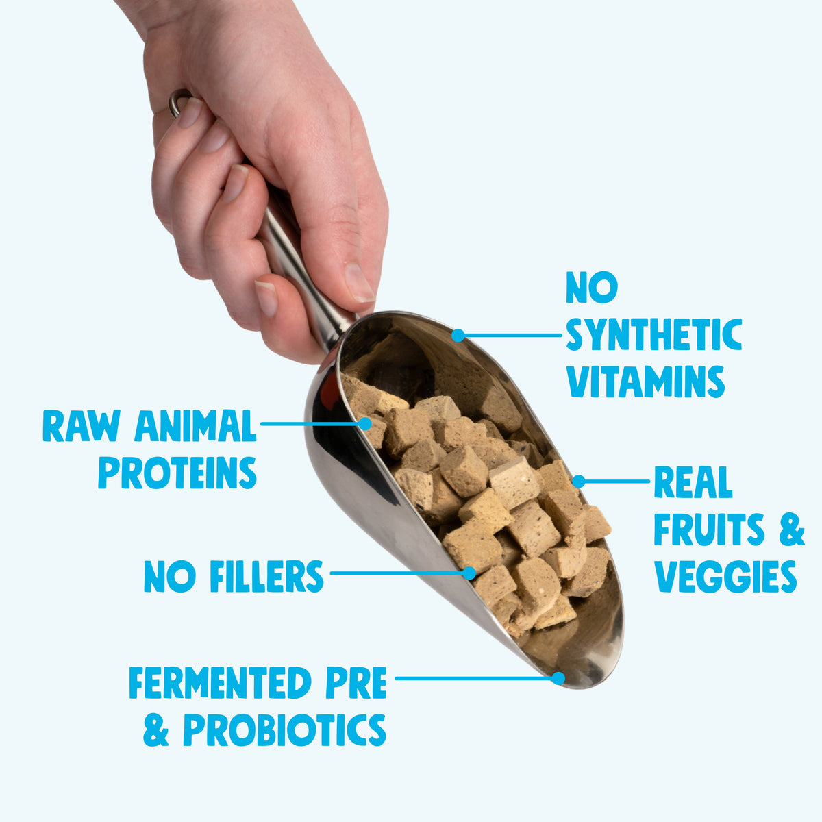 Hand pouring kibble from West Paw rawbiotic bites pouch, with ingredient callouts