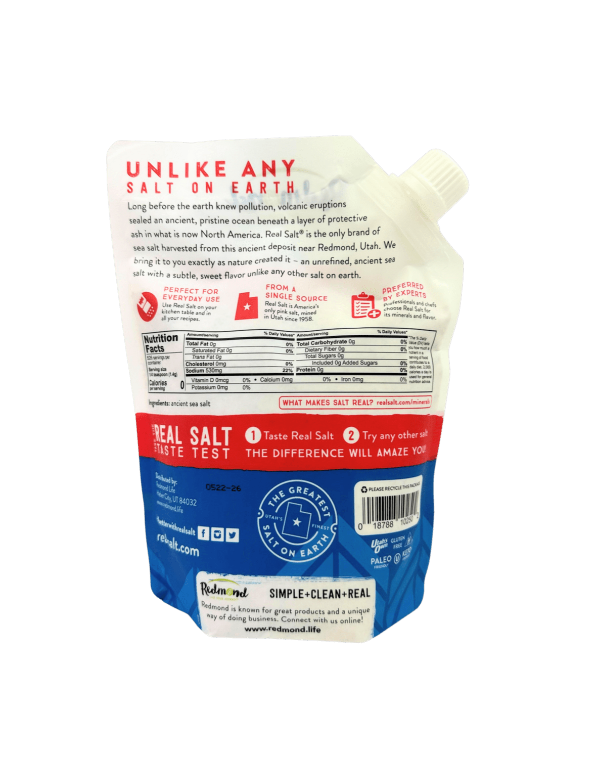 Redmond Real Salt fine-ground salt pouch, back label view