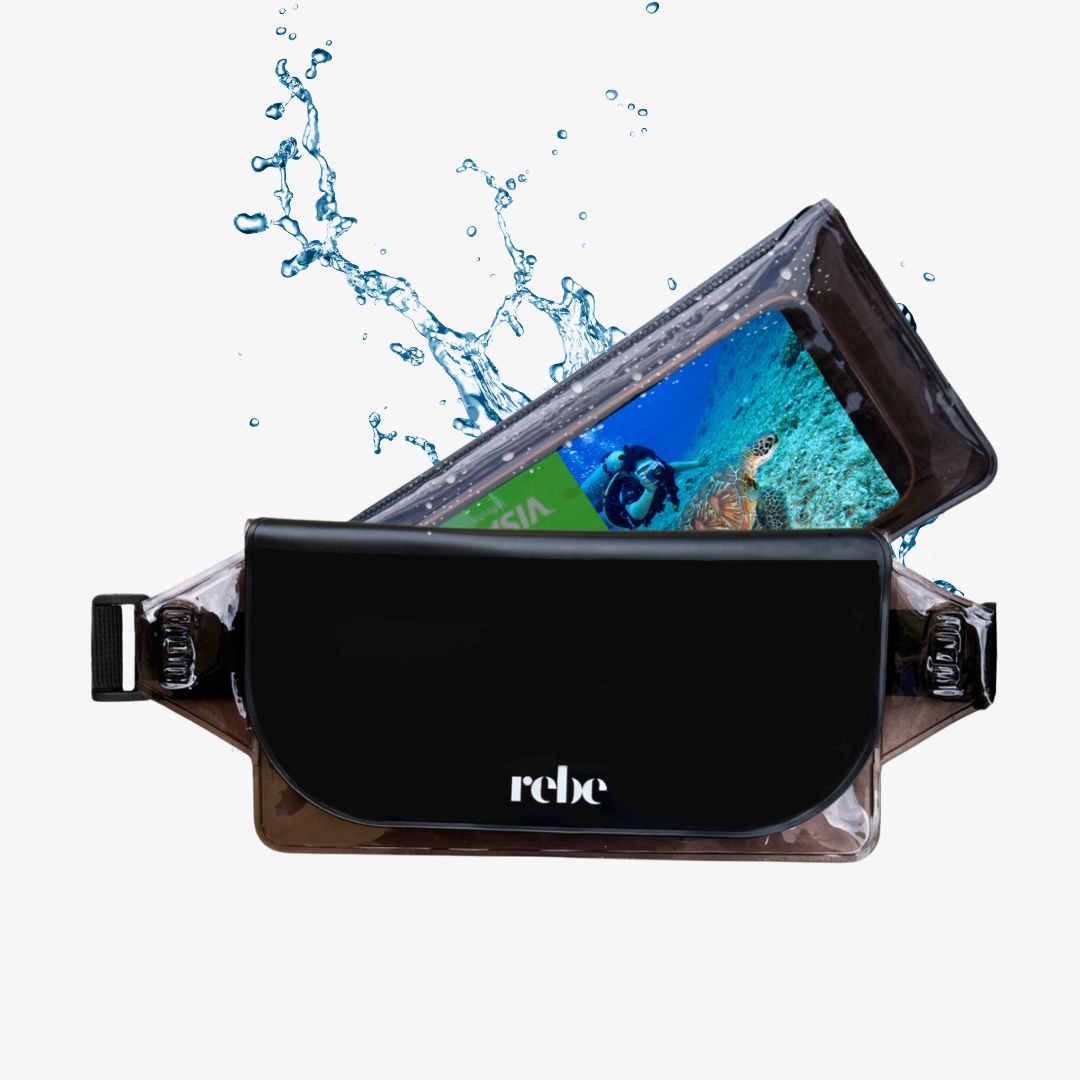 Black waterproof phone dry bag pouch with clear window and adjustable straps