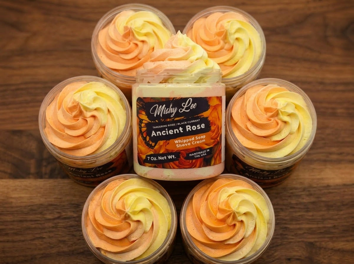Whipped soap and shave cream set with central jar and five mini swirl tubs