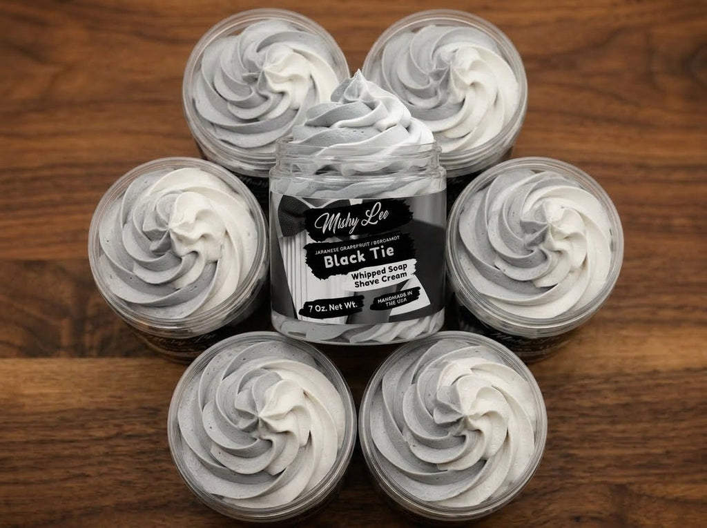 Whipped soap shave cream set with gray swirl tops, Black Tie main jar in center