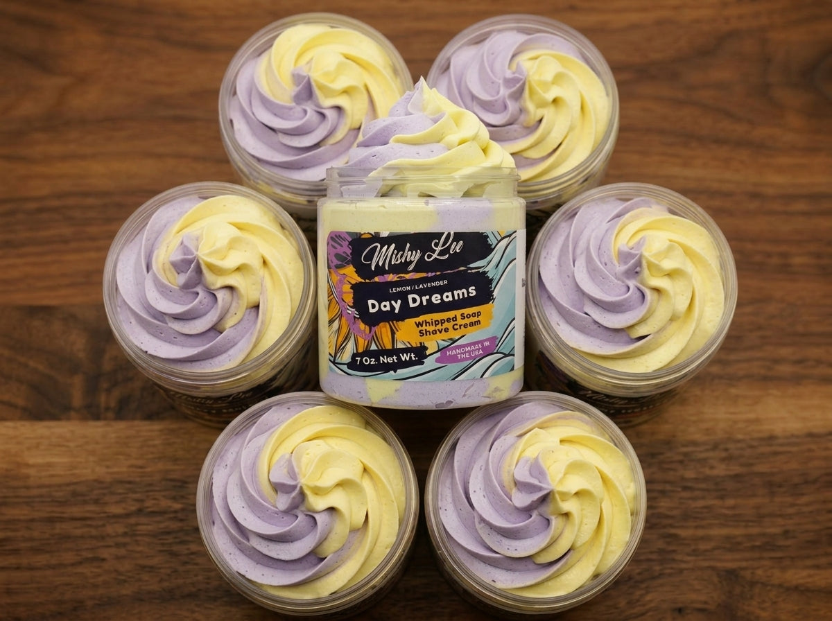 Day Dreams whipped soap and shave cream jar with six small purple-yellow swirl samples