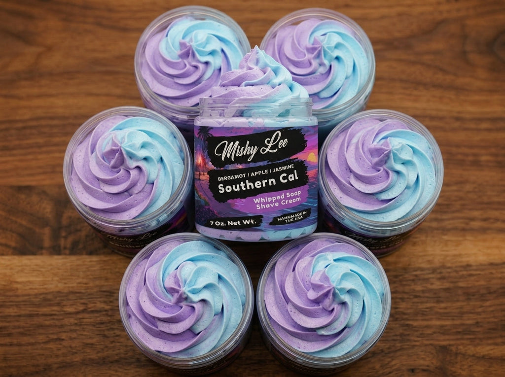 Southern Cal whipped soap and shave cream with multiple small tubs featuring purple and blue swirls
