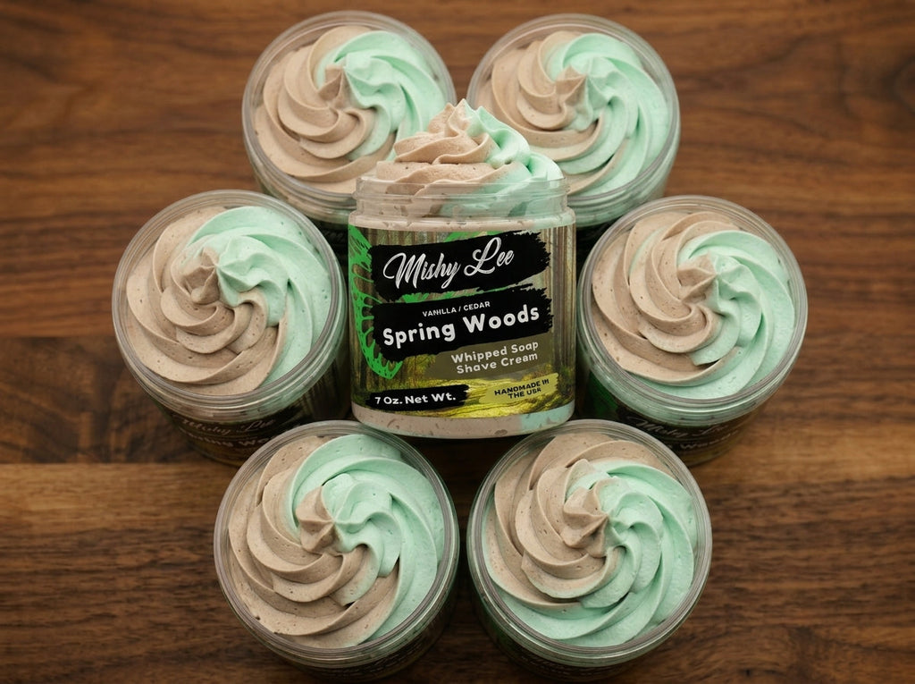 Set of Mishy Lee Spring Woods whipped soap and shave cream tubs with mint and beige swirls