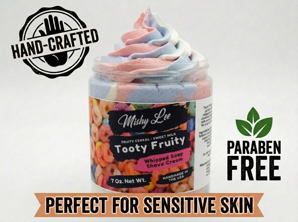 Whipped soap and shave cream jar with paraben-free and hand-crafted badge text