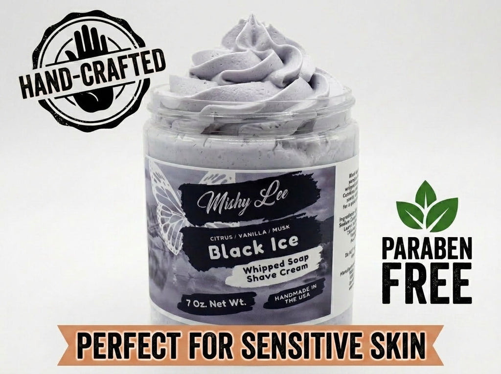 Whipped soap and shave cream jar with 'Hand-crafted' and 'Paraben Free' badges