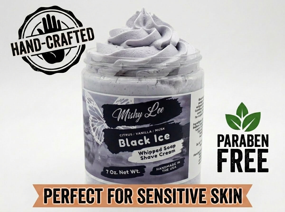 Whipped soap and shave cream jar with 'Hand-crafted' and 'Paraben Free' badges