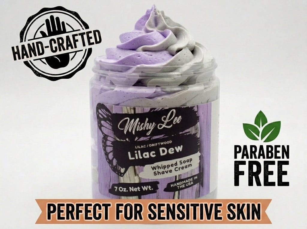 Whipped soap and shave cream jar with hand-crafted and paraben-free badges