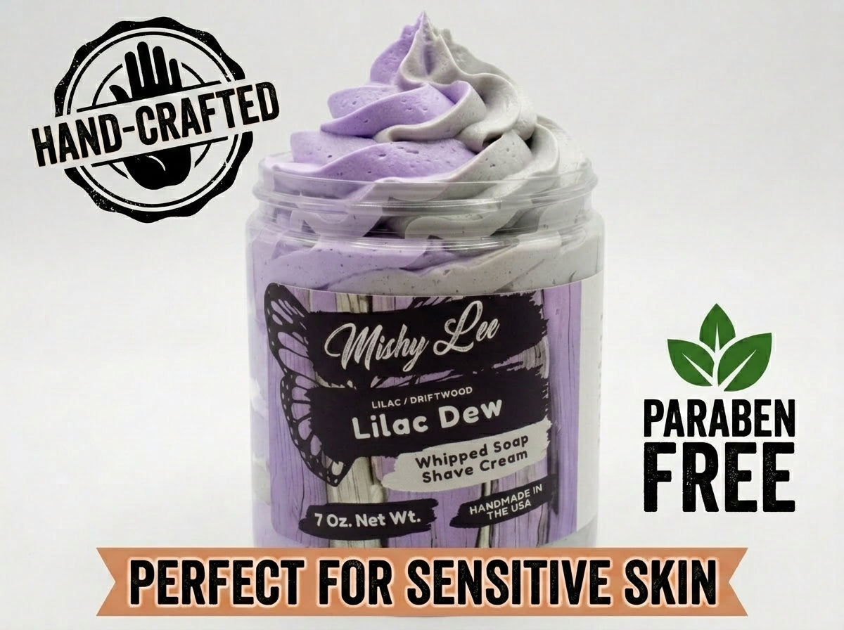Whipped soap and shave cream jar with hand-crafted and paraben-free badges