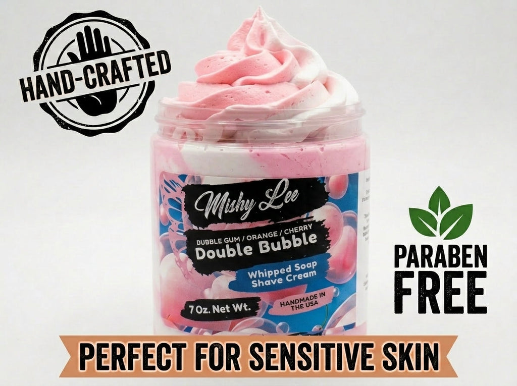 Whipped soap and shave cream tub with hand-crafted and paraben-free badges