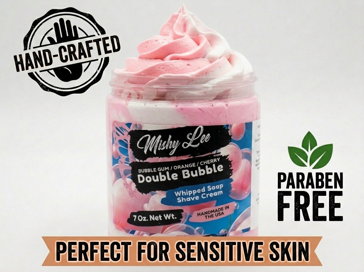 Whipped soap and shave cream tub with hand-crafted and paraben-free badges