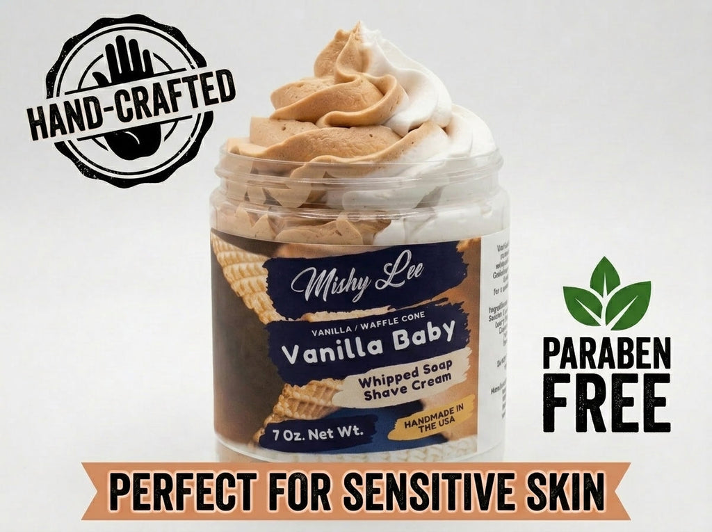 Vanilla baby whipped soap and shave cream jar with hand-crafted and paraben-free labels