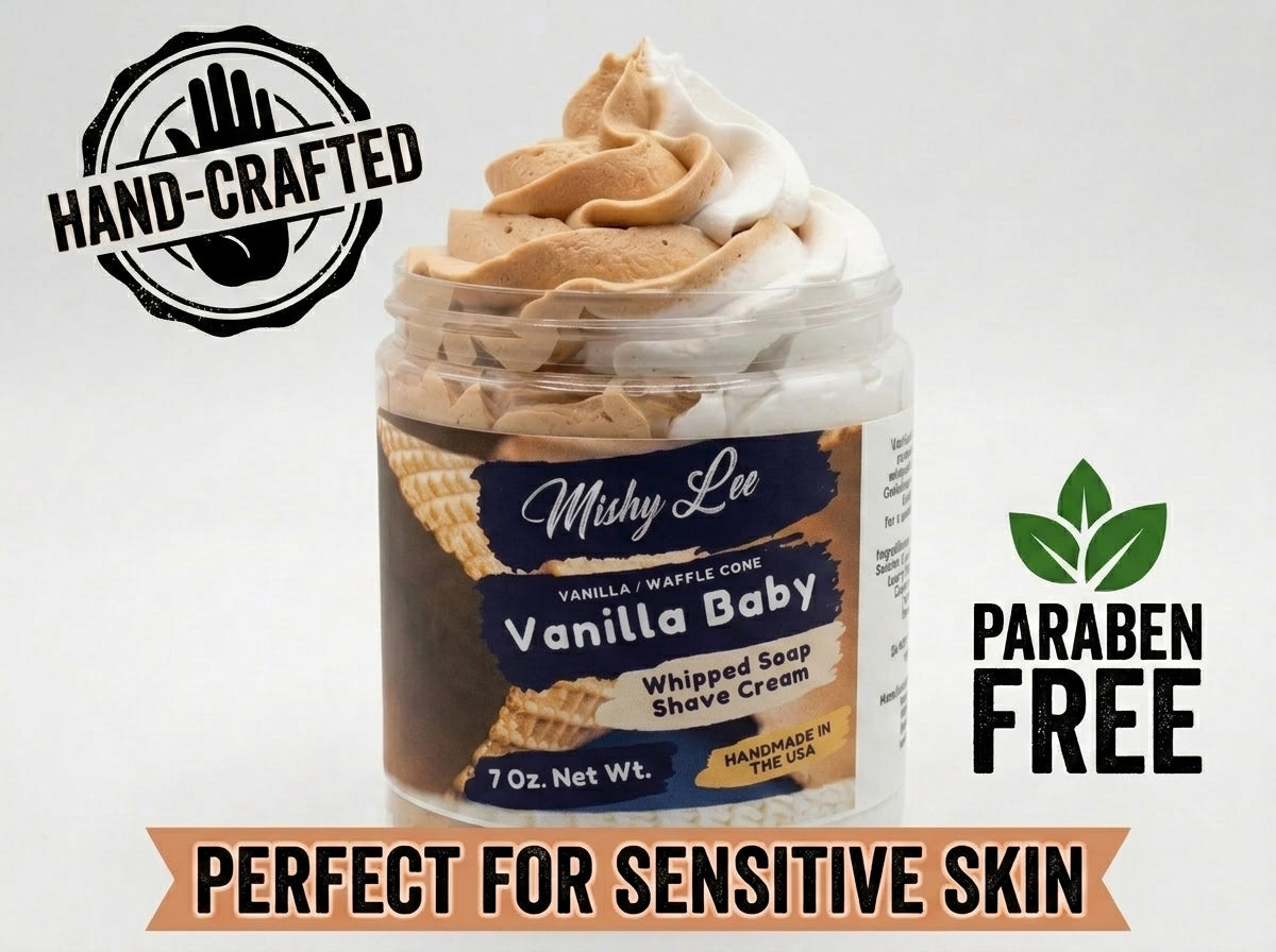 Vanilla baby whipped soap and shave cream jar with hand-crafted and paraben-free labels