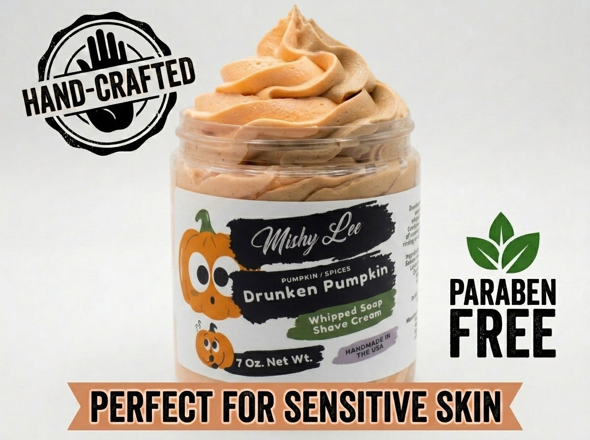 Whipped pumpkin soap and shave cream jar with hand-crafted and paraben free icons