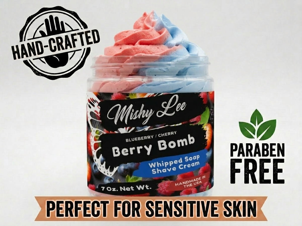 Whipped soap and shave cream jar with paraben-free and hand-crafted labels
