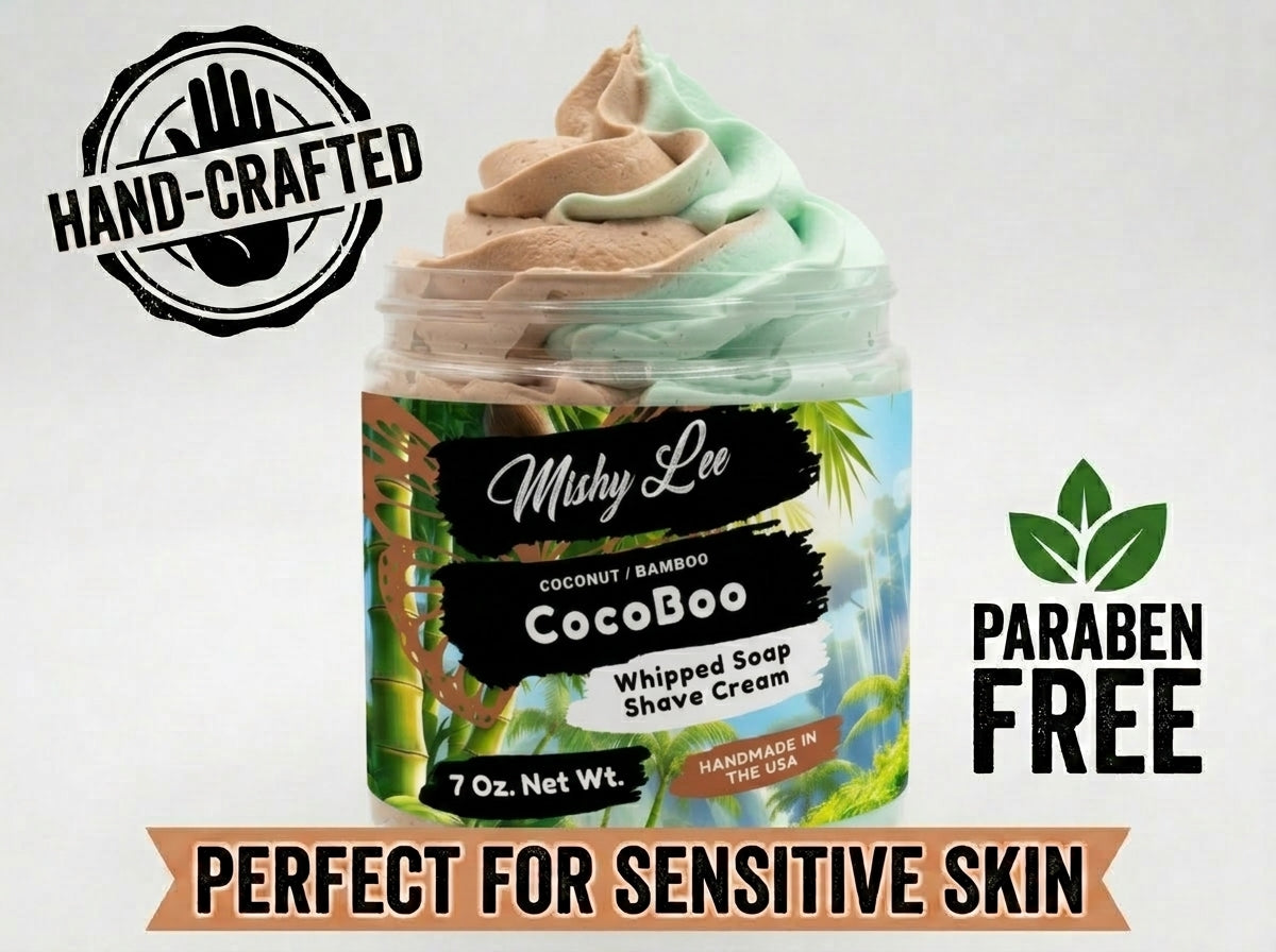 CocoBoo whipped soap and shave cream jar with hand-crafted and paraben-free badges