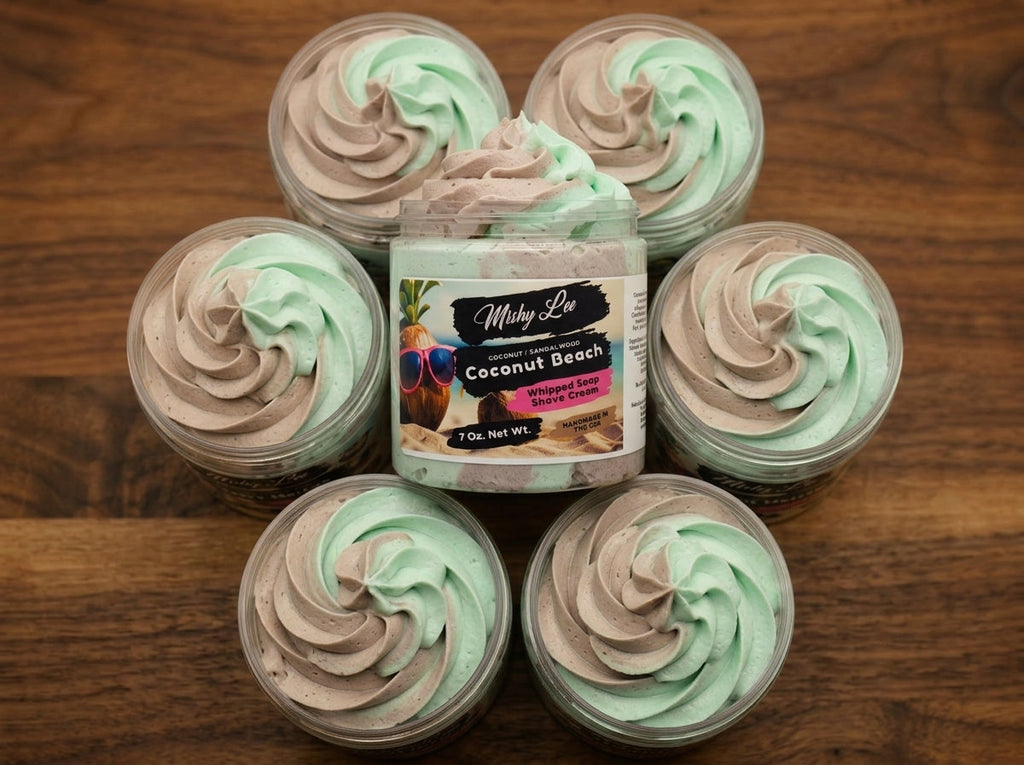 Set of mini whipped soap and shave cream tubs with mint-and-brown swirl tops