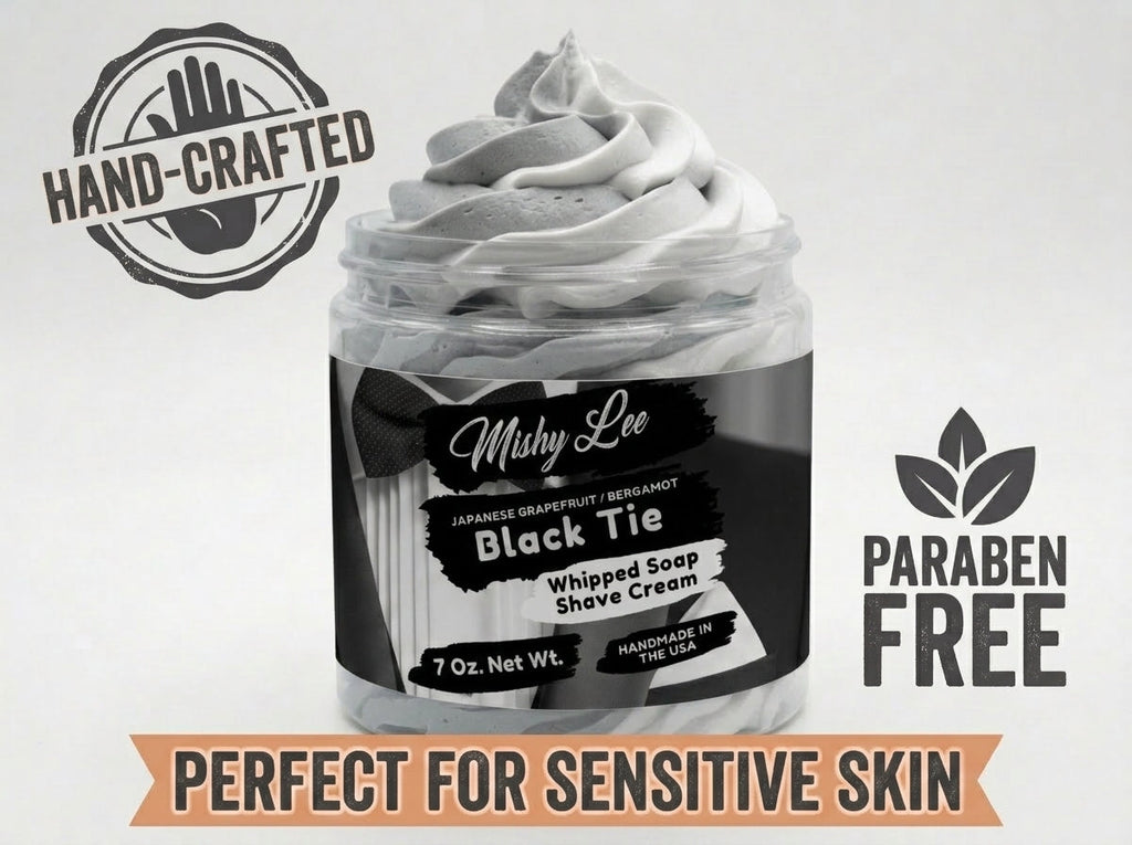 Whipped soap and shave cream jar label with hand-crafted and paraben-free icons