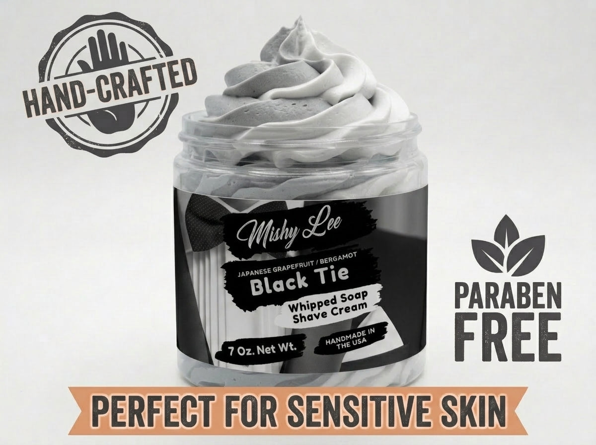 Whipped soap and shave cream jar label with hand-crafted and paraben-free icons