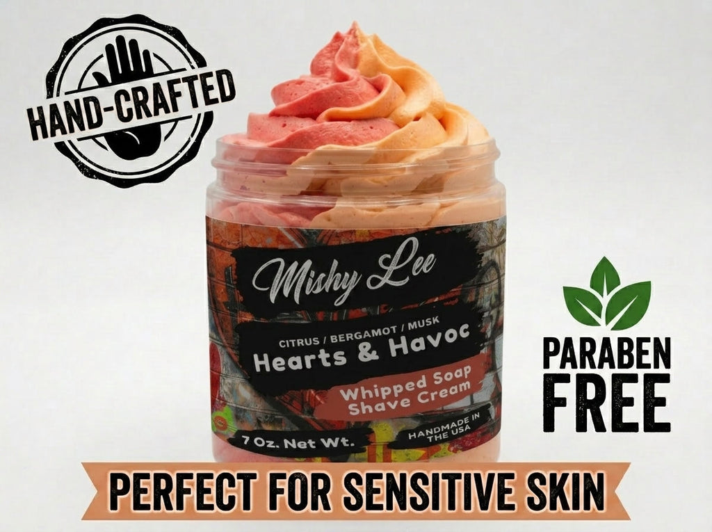 Whipped soap and shave cream jar with hand-crafted badge and Paraben Free text on image