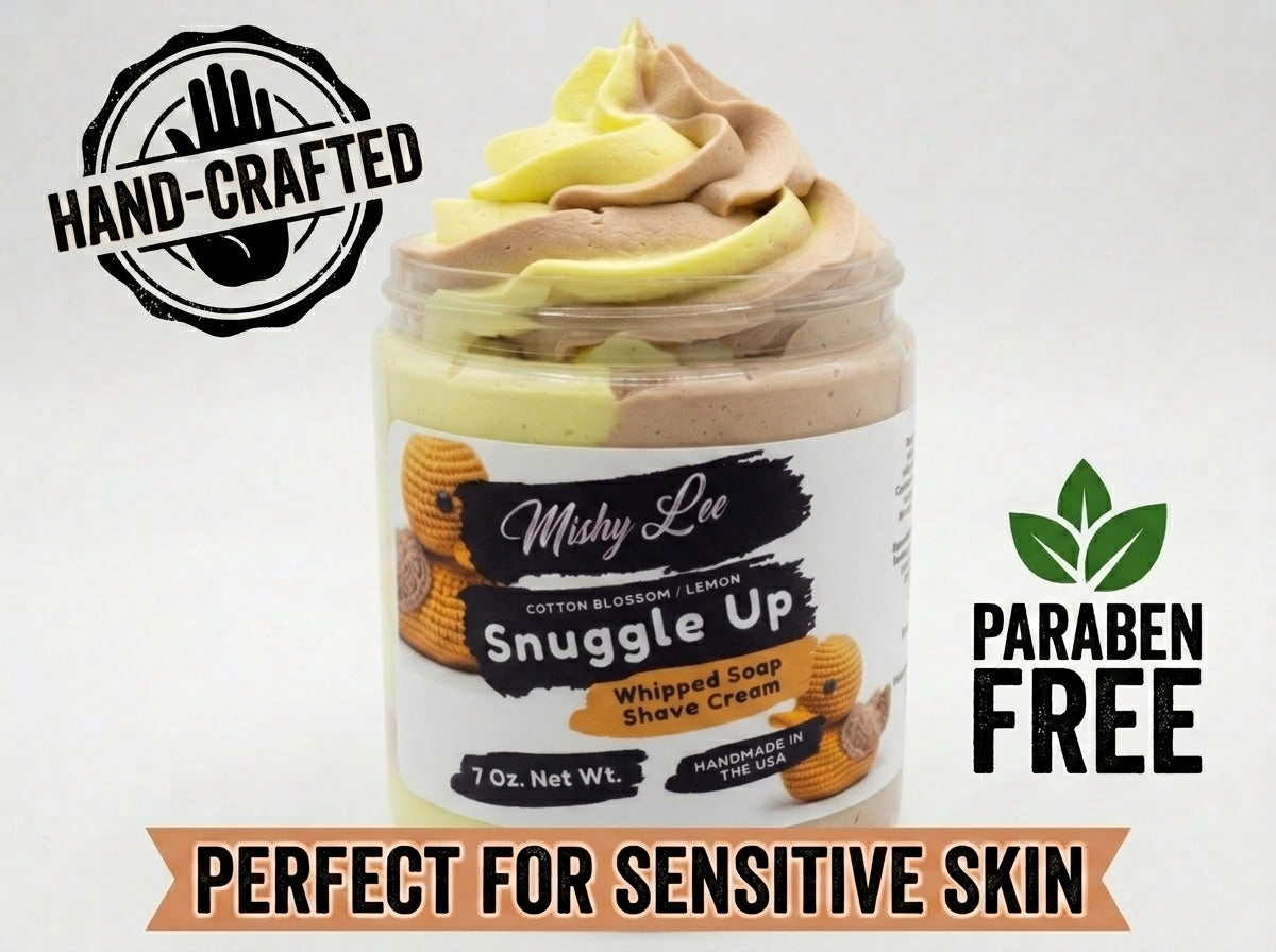 Whipped soap and shave cream jar with label and “Hand-crafted” and “Paraben Free” badges